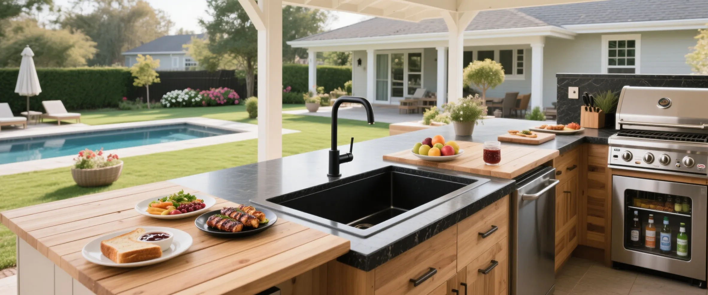 Modern kitchen with rectangular stainless steel sink embedded in white countertop with wooden cabinets below, silver faucet, and kitchen items including plates and bottles